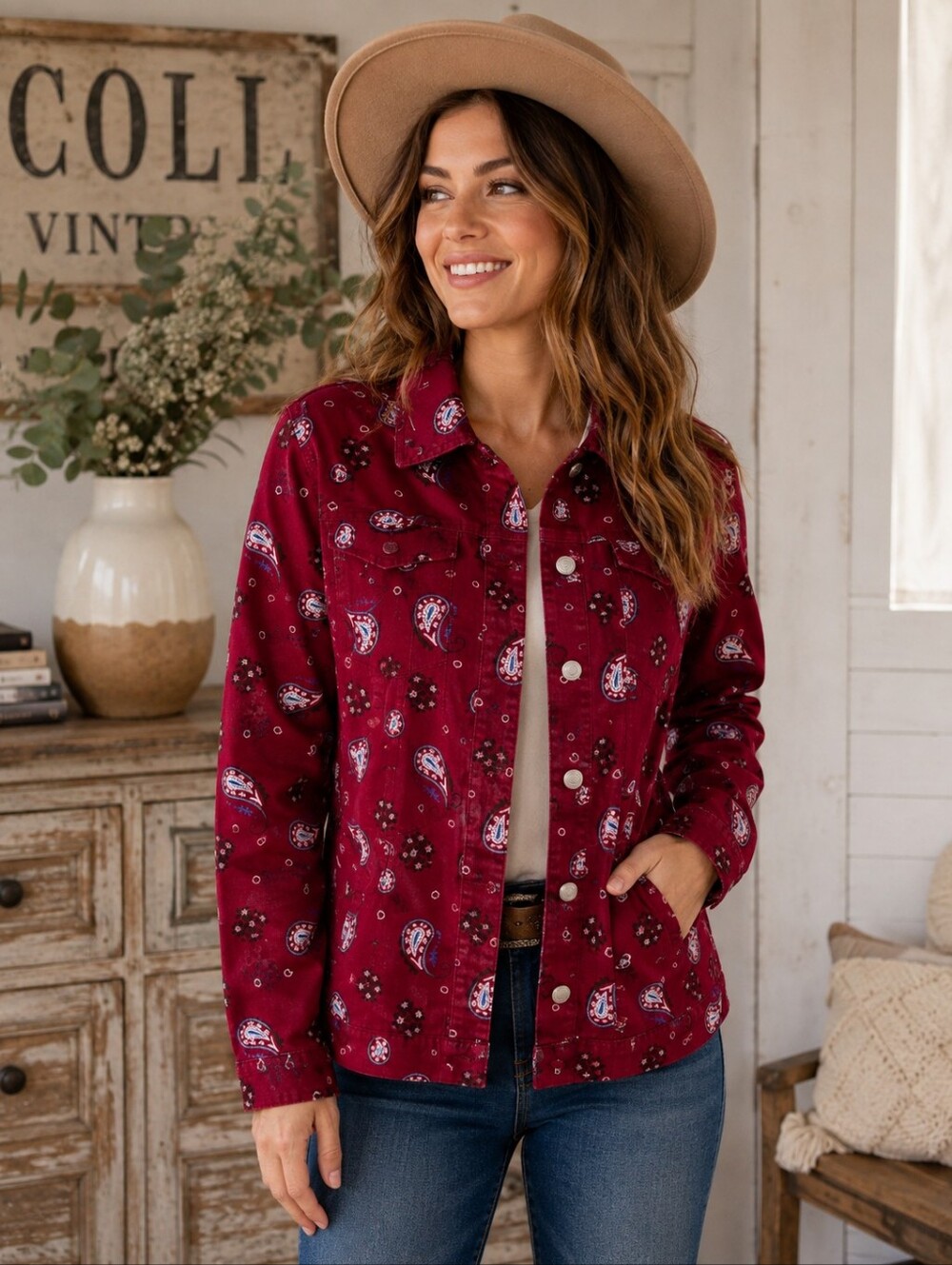 Cabela's Paisley Print Denim Jacket Burgundy Western Button‎ Front Size Medium